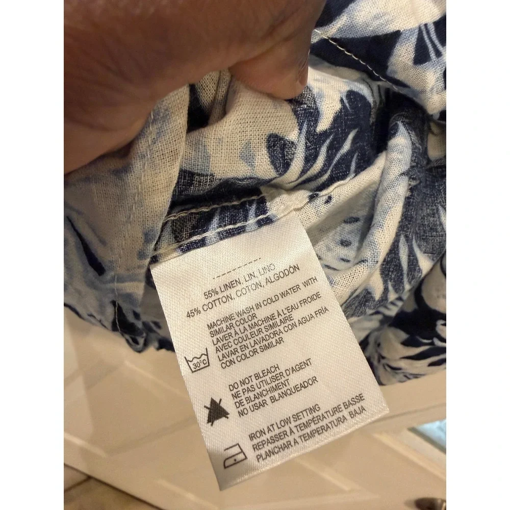 Report Collection Mens Blue Tropical Floral Linen Blend Button Down Shirt L